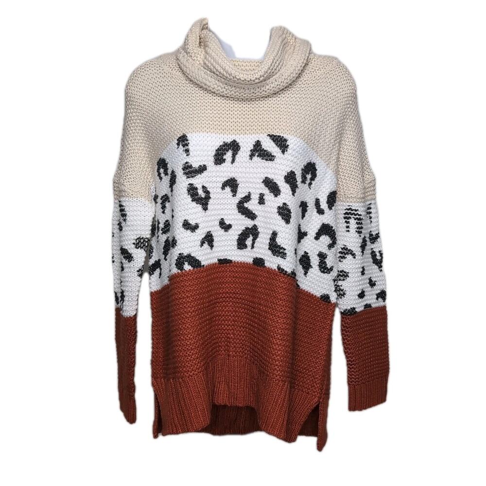 Cowl Neck Turtleneck Sweater Womens S/M Chunky Knit Pullover Colorblock READ‎